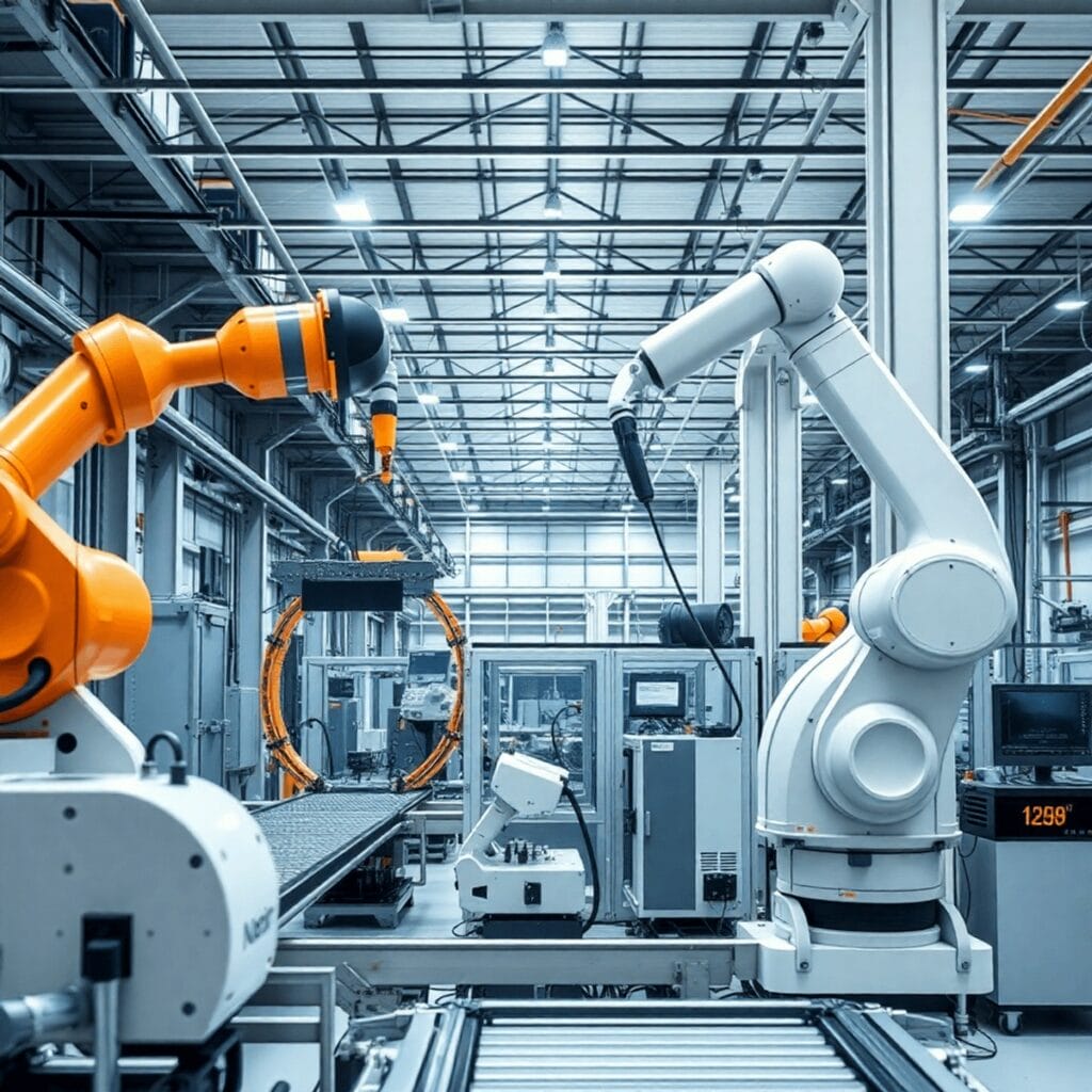 現代化的工業工作空間，配備先進的自動化設備，包括機器手臂和傳送帶，突顯了製造業中的效率和創新。