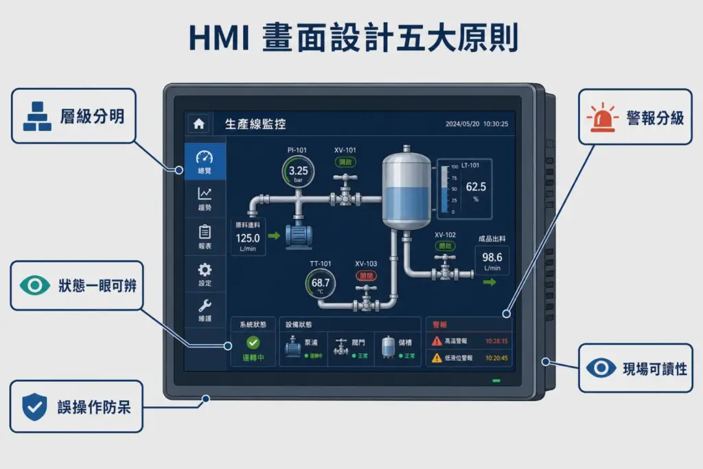 HMI 畫面設計五大原則:層級分明、狀態一眼可辨、警報分級、誤操作防呆、現場可讀性