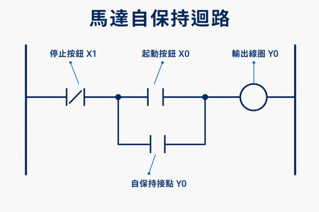 PLC 階梯圖馬達自保持迴路:停止按鈕 X1、起動按鈕 X0、自保持接點 Y0 與輸出線圈 Y0