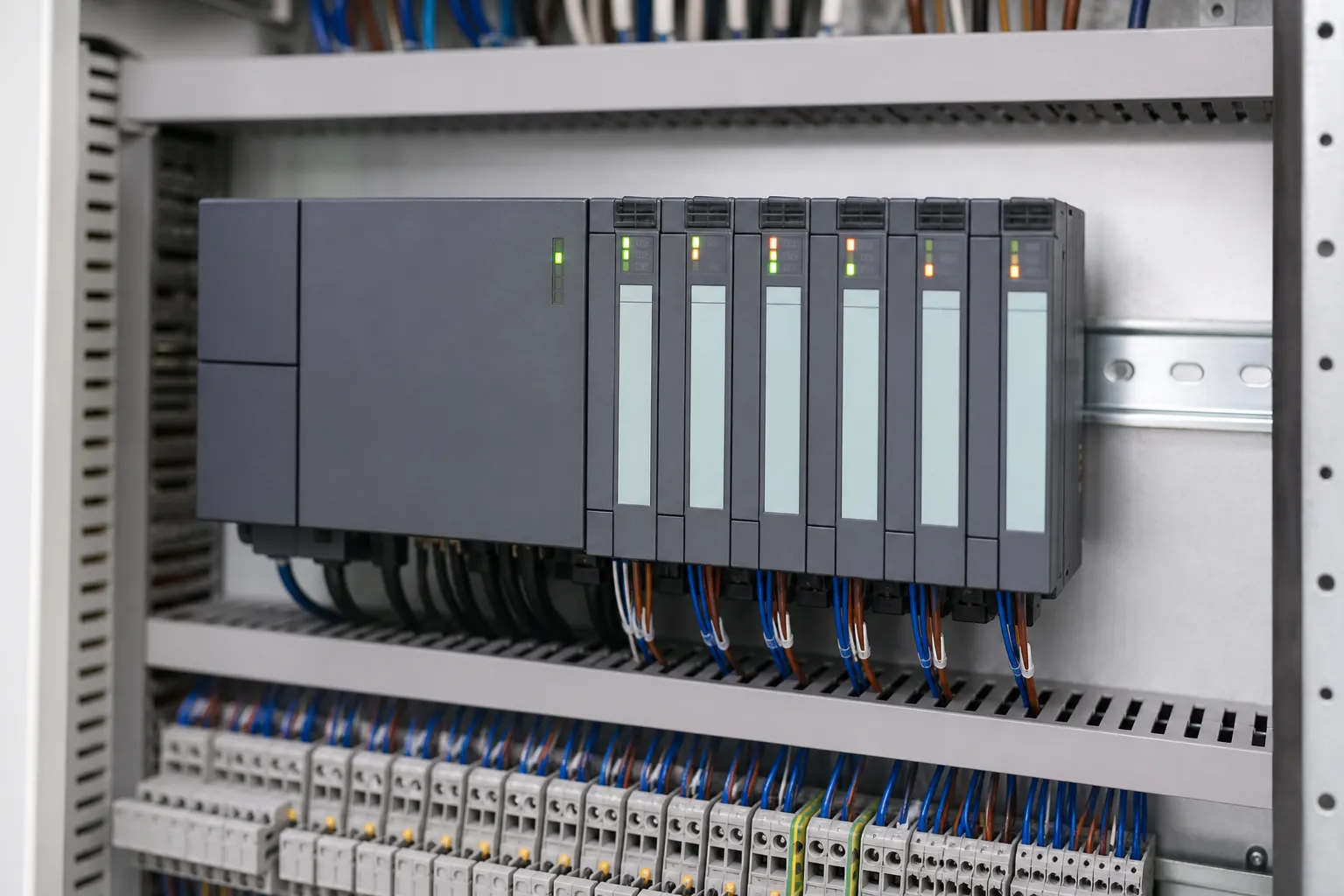 PLC控制器入門:基礎知識與應用 工業配電盤內 DIN 軌上的 PLC 可程式控制器與 I/O 模組