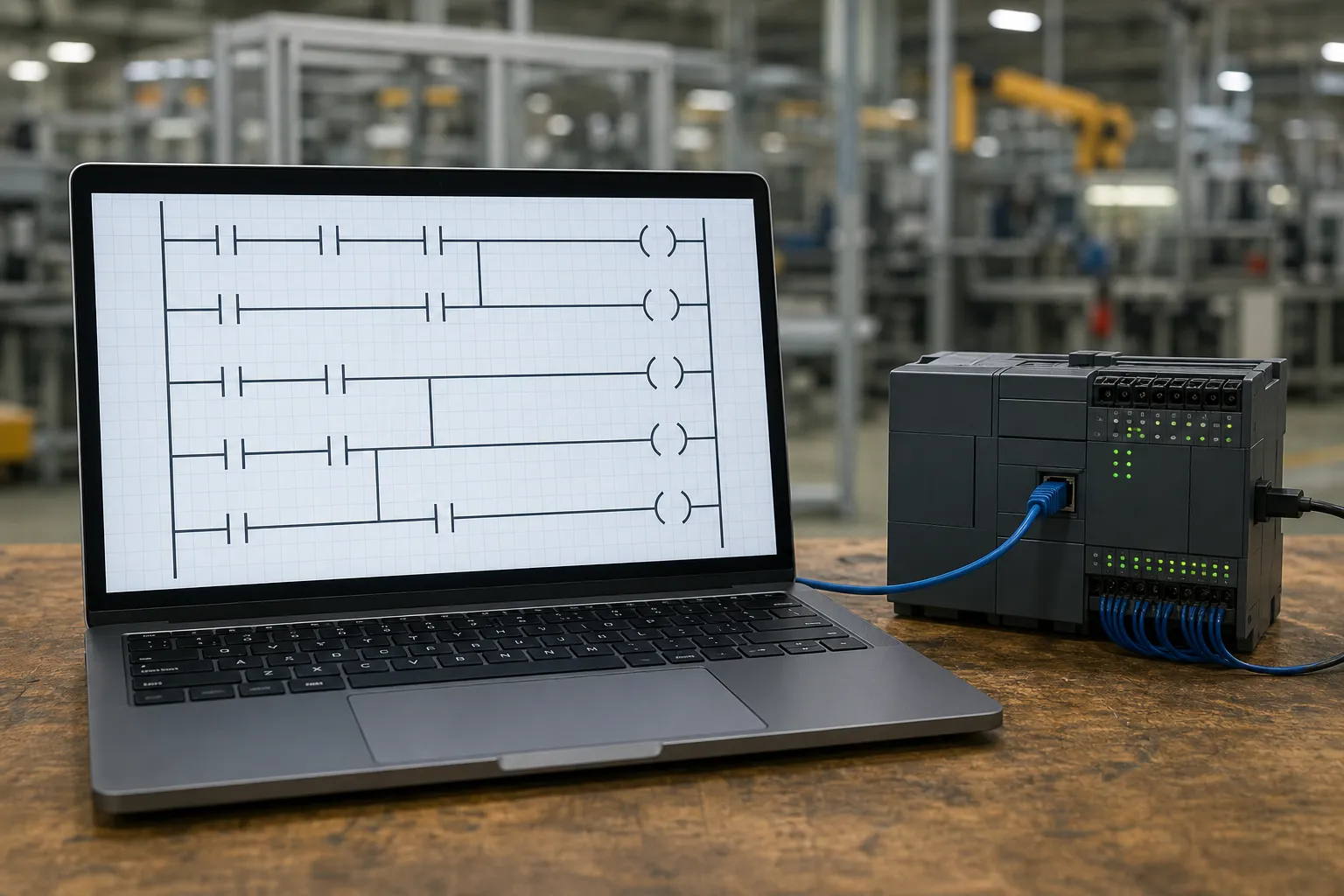 工程師以筆電撰寫 PLC 梯形圖程式，旁為小型 PLC 控制器