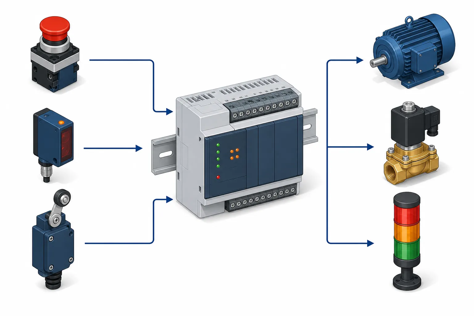 PLC控制器入門:基礎知識與應用 PLC 控制系統示意:按鈕與感測器輸入、PLC 邏輯運算、馬達與電磁閥輸出