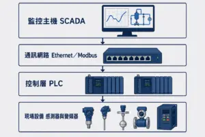 SCADA 四層架構:監控主機、通訊網路、控制層 PLC 與現場設備