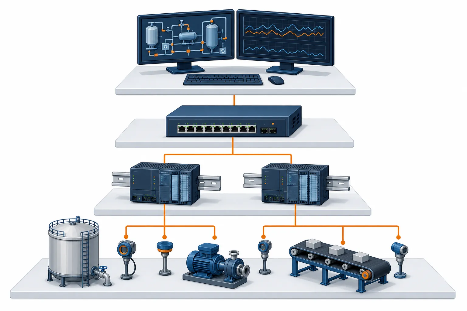 SCADA 系統四層架構：現場設備、PLC/RTU、網路、監控工作站