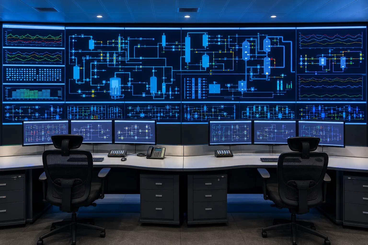 工廠中控室內的 SCADA 監控大螢幕與操作站